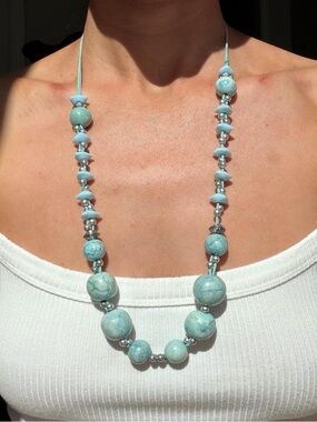 Long Blue & Silver Boho Beaded Necklace